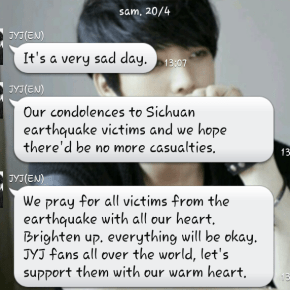 [TRAD] 130420 JYJ LINE – pour les victimes au&nbsp;Sichuan