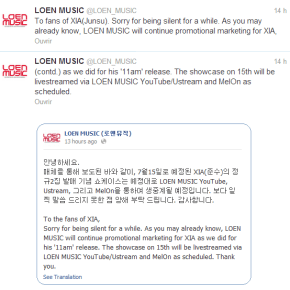 [TRAD] 130710 Twitter et Facebook de LOEN Entertainement: showcase de&nbsp;Junsu