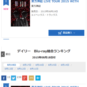 [INFO] 150819 Classements Oricon des ventes de DVD & Blu-ray pour le 18/08/15: #1 Tohoshinki Live Tour&nbsp;2015~WITH~